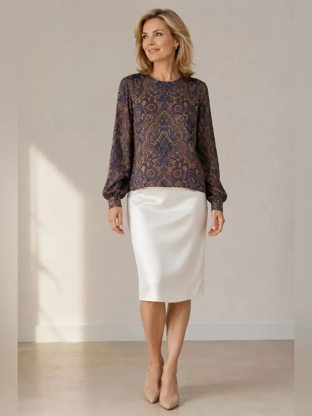 Valerie Stevens Petite Vintage 100% Silk paisley pattern long sleeve Blouse Top